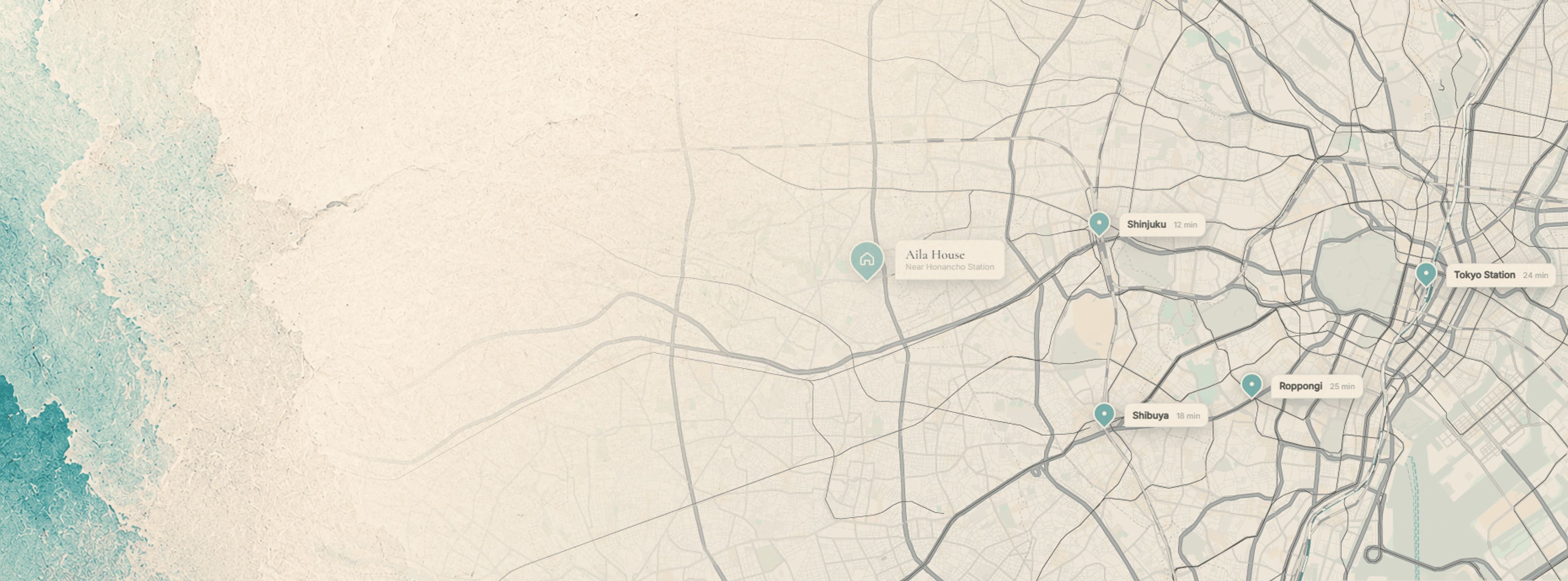 Map showing Aila House and nearby Tokyo destinations
